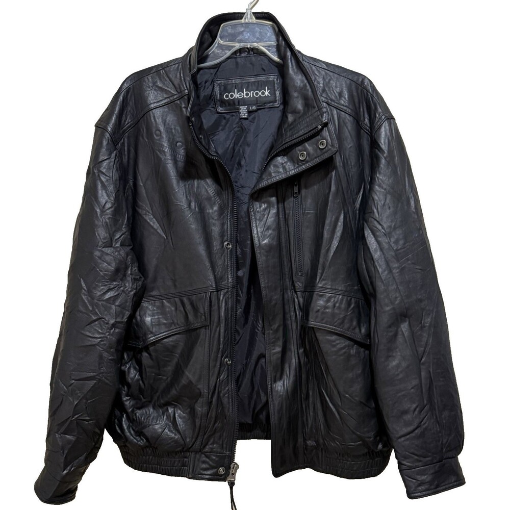 Oakbrook Mens L Black Genuine Leather Bomber Jacket Aviator Moto Zip Urban Coat